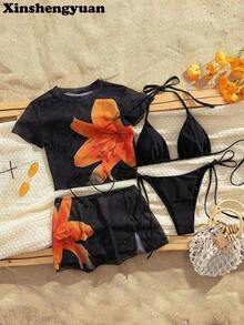 Conjunto de bikini de 4 piezas/set con top de manga corta de tela de malla con estampado floral sexy y elegante, Bottom de traje de baño con lazos laterales, tela de estiramiento medio, adecuado para vacaciones, playa, actividades en la piscina, fiestas en la playa, verano - Multicolor - Ver 6