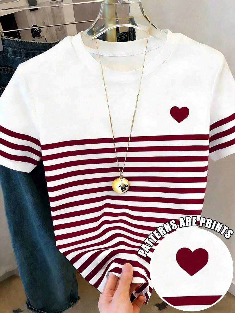 Camiseta de manga corta con cuello redondo y lazo a rayas, de estilo casual para el verano - Multicolor 5 - Ver 1