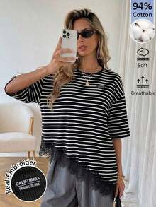 Camiseta casual de mujer con dobladillo asimétrico de encaje de unicolor, uso versátil diario, parte superior de ocio de primavera/verano, adecuada para vacaciones, verano, primavera, vacaciones de primavera y diversas ocasiones, incluyendo ves - Multicolor - Ver 11