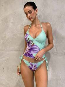 Conjunto de bikini a cuadros de cereza dulce - Azul menta - Ver 3