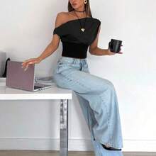 Women's Casual Elegant Asymmetric Ruched Cropped Top, Suitable For Summer, Suitable For Everyday Wear Brown - Marrón - Ver 7