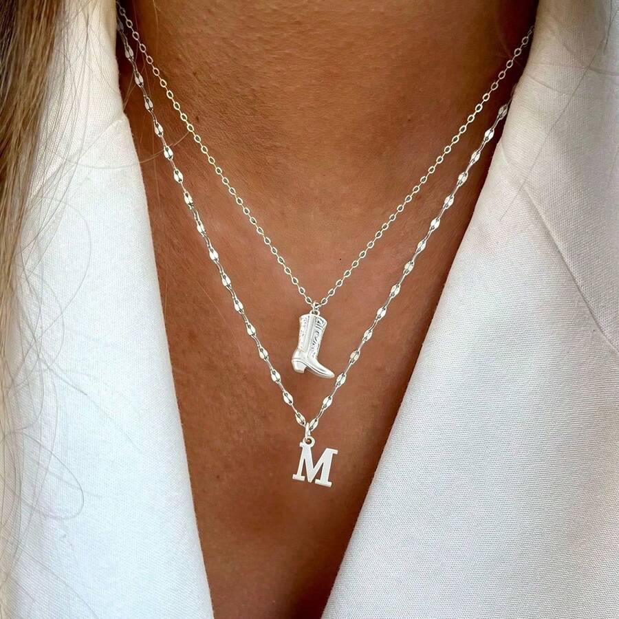 Bộ 2 chiếc mặt dây chuyền hình ủng cao bồi miền Tây cổ điển mới, chất liệu thép không gỉ màu bạc, kiểu dáng choker nhiều lớp dành cho nữ. - Bạc - Xem 1
