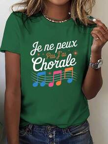 Camiseta divertida con estampado de música de coro y cita francesa, top casual de manga corta y cuello redondo, ropa de primavera/verano para mujer. - Verde - Ver 7