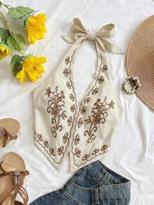 Top corto con cuello halter, espalda descubierta y lazo, con bordado floral sobre base color albaricoque, adecuado para festivales de música - Marrón 2 - Ver 3