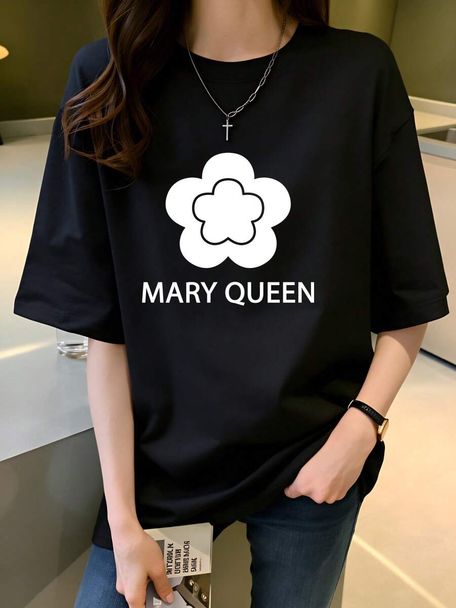 Camiseta clásica de una pieza con el de Mary y diseño floral,% algodón, para mujer, adecuada para uso diario casual, suave, estilo clásico, unisex, disponible en 5 colores, artículoás vendido, camiseta de verano. - Negro - Ver 1