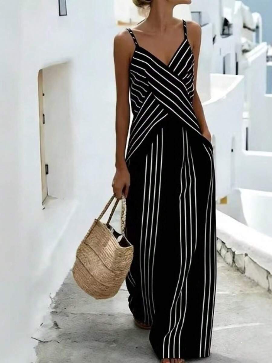 Conjunto sin mangas de cuello V para mujer, rayas vintage, estética delicada y elegante, estilo vacacional, nueva llegada verano 2026 - Negro - Ver 1