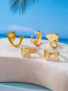 Juego de 5 piezas - Juego de anillos para el dedo del pie de metal con estética oceánica, diseño tridimensional biológico, llamativo juego de anillos para el dedo del pie para vacaciones/fotos (sin caja de regalo) - amarillo dorado - Ver 3
