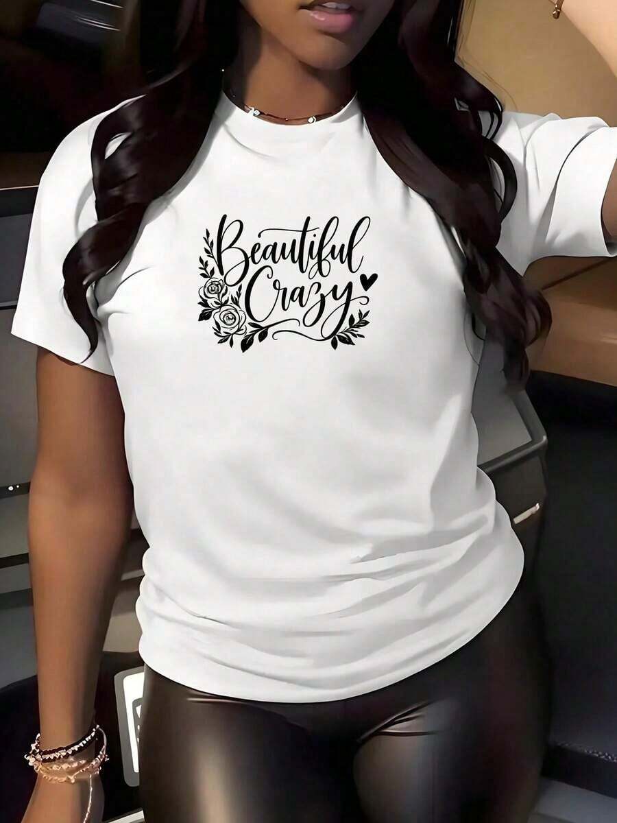 Loose Women's Short Sleeve T-Shirt With "Beautiful And Wild" Letter Print | Fashionable Casual Fabric, Medium Stretch, Machine Washable, Crew Neck, Regular Fit, Suitable For Everyday Wear And Lounging At Home. Cotton Women's T-Shirt, Breathable And Sweat-Absorbent Summer Short Sleeve - 白色的 - 查看 1