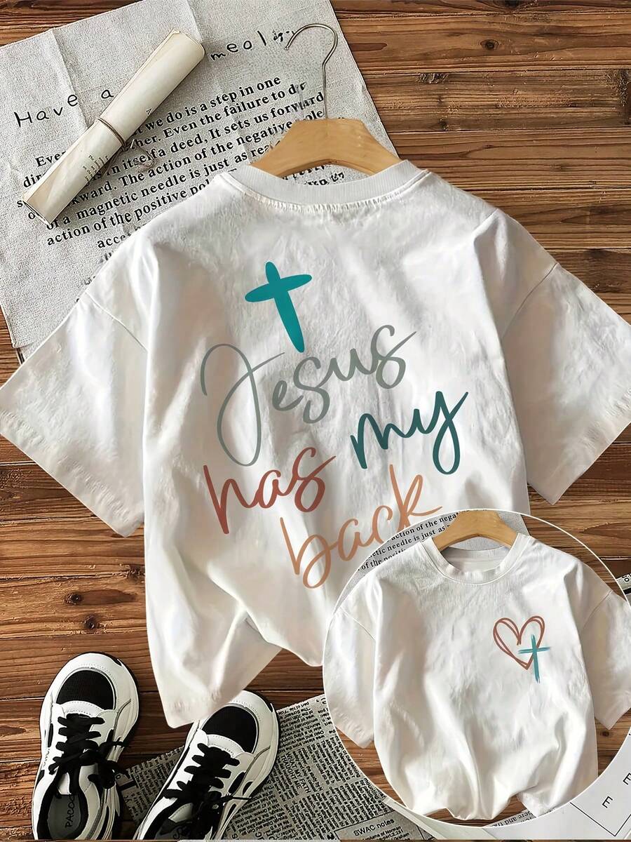 Women's T-Shirt With Calligraphic Text Print "Jesus Has My" (Jesus Has My), Loose Fit, Casual Style, Round Neck. - 白色 - 查看 1