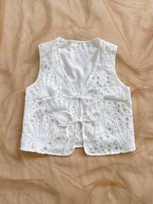 Blusa de tirantes con estampado tropical, cuello en V y mangas acampanadas con nudo, para vacaciones de verano para mujeres - Blanco 2 - Ver 5