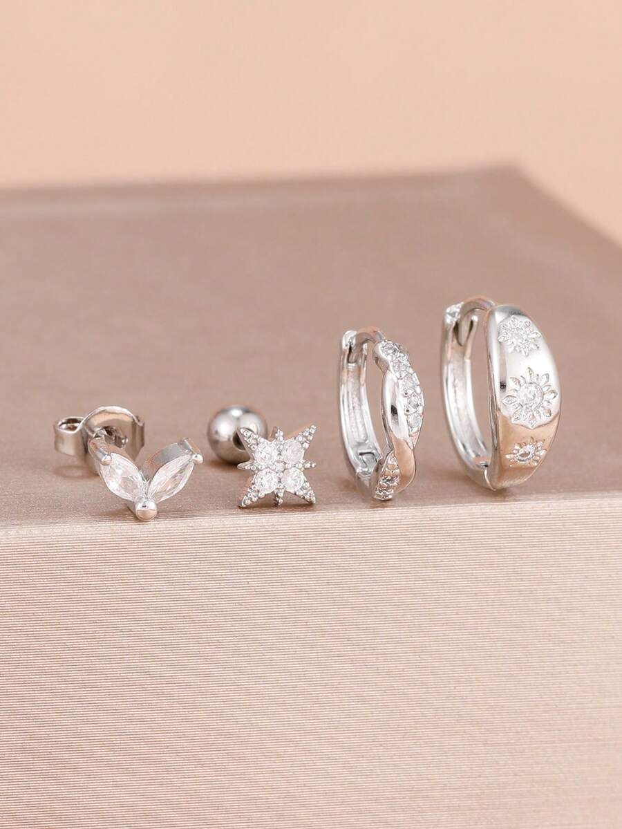 4PCS Fashion Zirconia Round Hoop Earring Set Women Temperament Flower Ear Stud Huggie Earring Tragus Piercing Cartilage Jewelry - 1-silver-4PCS - View 1