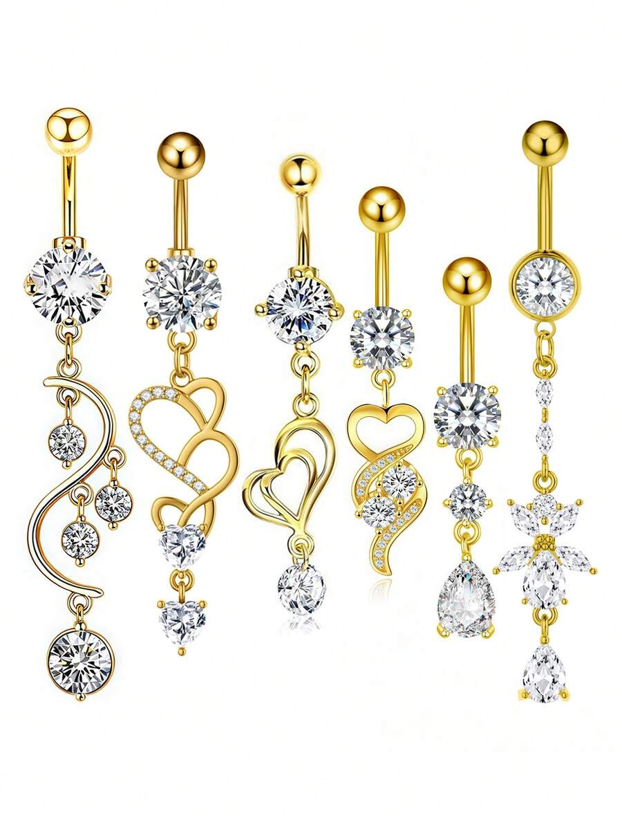 6 chiếc khuyên rốn dài bằng đồng đính đá Zirconia hình trái tim và hoa giọt nước, làm từ thép không gỉ, trang sức xỏ khuyên đa năng phù hợp để đeo hàng ngày. - 6 khuyên rốn - Xem 1