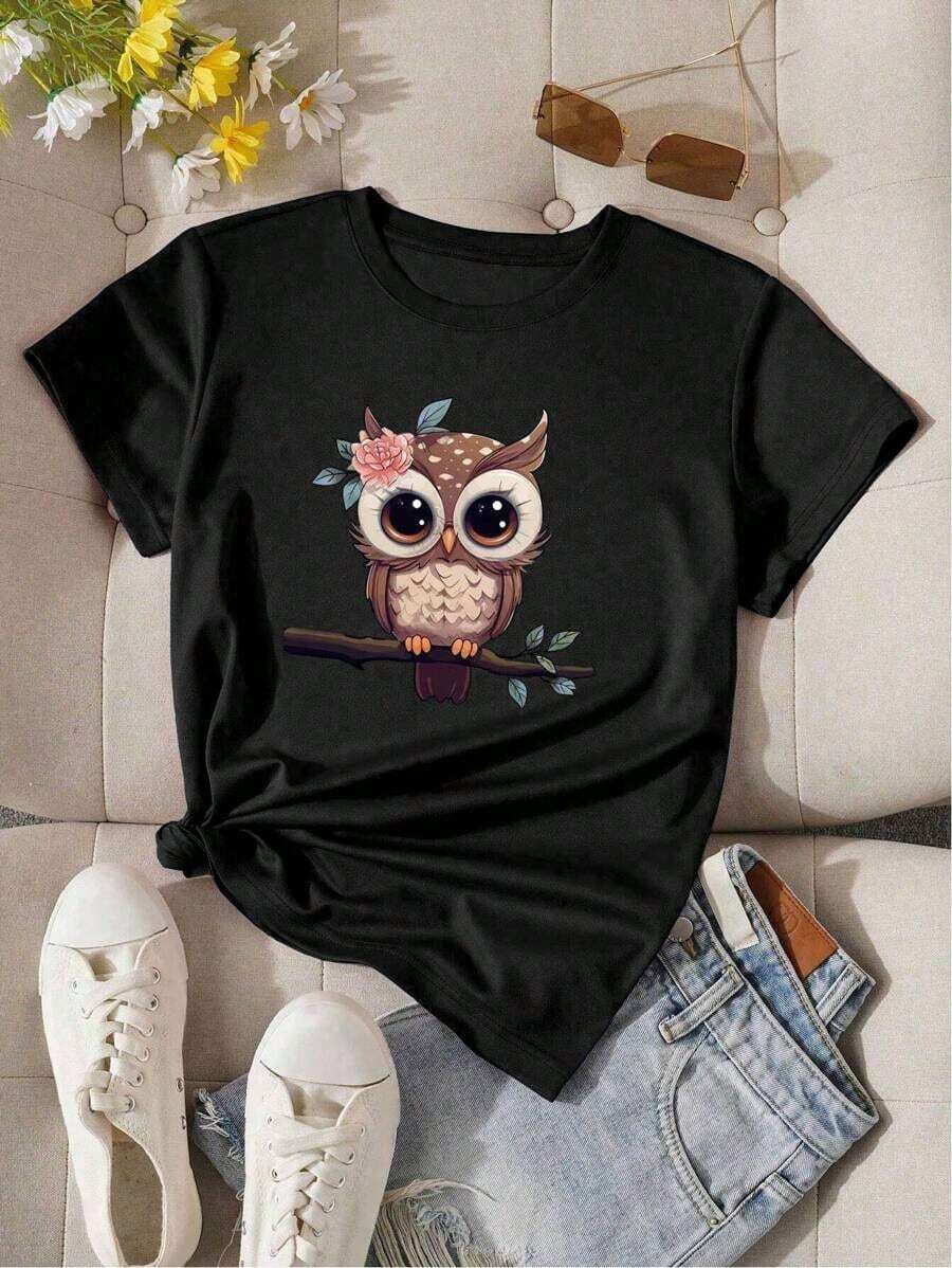 Camiseta de mujer con estampado de búho, cuello redondo, manga corta, moderna y casual para deportes y tenis.Transpirable y no provoca sudoración, suave y lisa, con una sensación de calidad.Adecuada para deportes y fitness, uso diario, vacaciones, oficina, escuela, fiestas y otras ocasiones diversas. - Negro - Ver 1