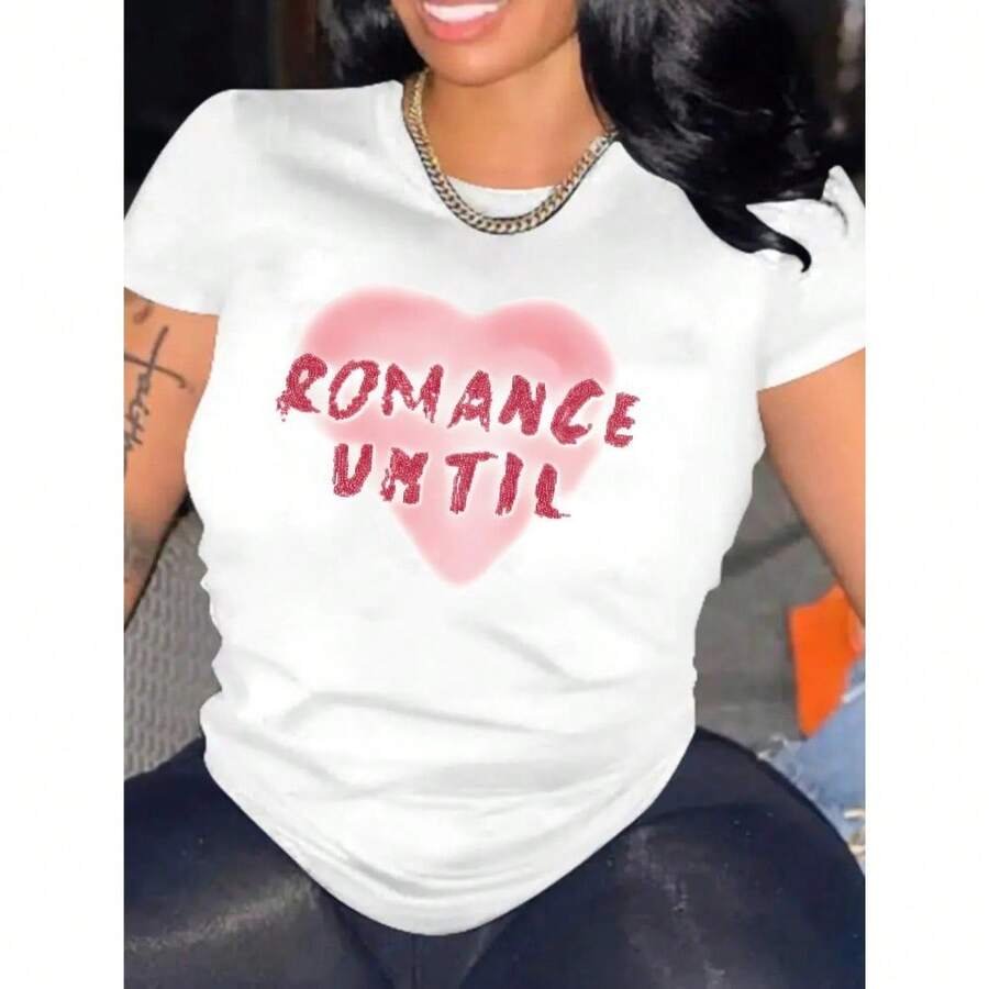 Women's Casual Summer T-Shirt With Round Neck, Short Sleeves And Fitted, Featuring An Oil Painting Print With Floral, Heart, Cherry And Lettering. - WHITE-yH395 - View 1