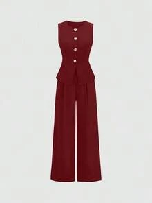 Sweetro Conjunto a juego de chaleco negro de una hilera y pantalones de pierna ancha con fruncidos - Color caoba - Ver 3
