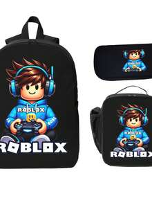 RobloxBlack Casual Backpack Combo Set - Includes Lunch Box & Pencil Case, Durable Daypack For School, Office, Outdoor Activities, Ideal Gift For Daily Use & Back To School - Black - View 2
