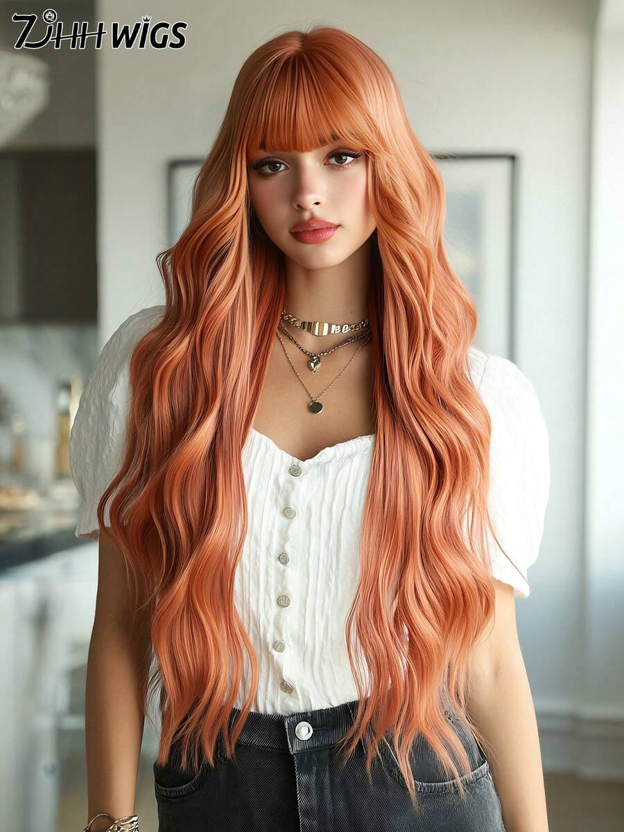 7JHH WIGS Extra Long Body Wave Orange Wig For Women 32 Inch Elegant Wavy Curly Wig With Bangs, Natural Looking Soft Fluffy Synthetic Heat Resistant Fiber Hair Wig For Daily Wear, Music Festival Party Use - 亮橙色 - 查看 1