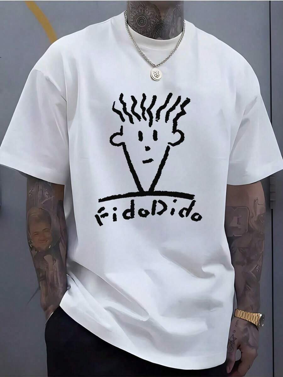 Diseño de Personajes FidoDido - Camiseta de Polyester Hombre - Estilo de Dibujos Animados Único (Lavable a Máquina) - Blanco - Ver 1