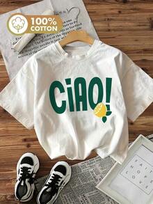 Minimalist Style With The Inscription "Lemon Ciao!" Summer Cotton T-Shirt With Short Sleeves, Round Neck And Print. - White - View 1