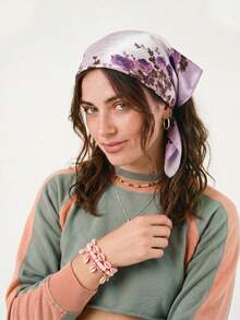 1pc Elegant Floral Print 70cm Square Scarf, Suitable For Casual And Street Wear, Fashion Bandana, Headband, Headwrap, Outdoor Sun Protection Accessory To Decorate Your Look - Purple - View 2