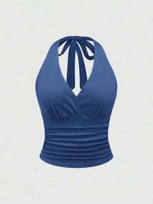 Punk Parte superior con estampado de leopardo y cuello de halter para mujer, escuela - Azul - Ver 1