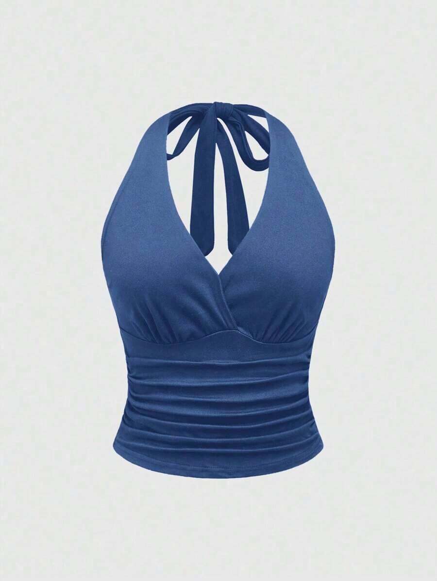 Punk Parte superior con estampado de leopardo y cuello de halter para mujer, escuela - Azul - Ver 1
