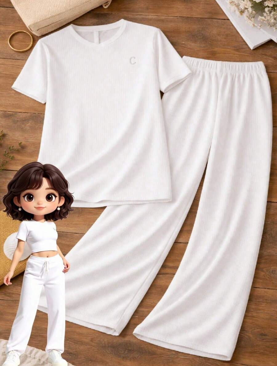 Ladies Two Piece Set Camiseta Manga Corta + Wide Leg Pants - Blanco - Ver 1