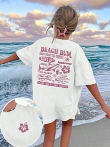 [Entrega Local]Playera Para Mujer Camiseta Casual de Manga Corta con Cuello Redondo y Estampado Floral, Ondas y Letras de Tiburón, Versátil y a la Moda para Primavera y Verano 2026 - Blanco - Ver 8