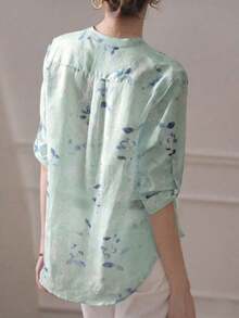 Blusa de mujer de manga 3/4 con cuello alto, estampado floral acuarela azul grisáceo| Blusa de ajuste ceñido, transpirable, de manga acampanada, para oficina/vacaciones, primavera/verano - verde menta - Ver 2