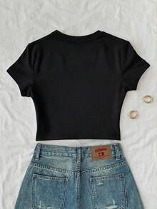Camiseta corta de mujer de ajuste ceñido con estampado de lentejuelas y perlas de imitación, una prenda imprescindible para el verano, una camiseta de moda y con estilo, adecuada como regalo para hermanas, madres, Día de la Madre, una prenda casual - Negro - Ver 2
