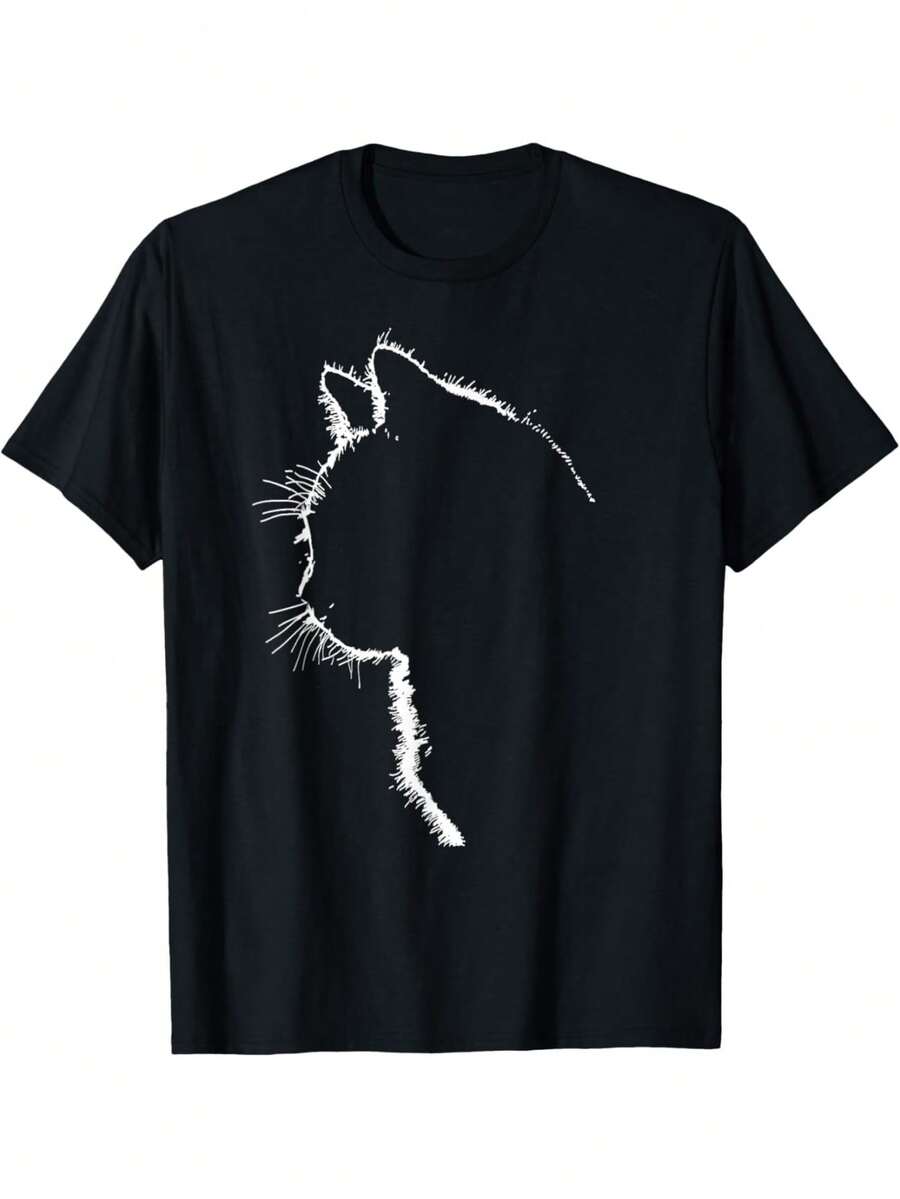 Cat Apparel Women With Cat Illustration T-Shirt Tops Tee - Black - View 1