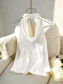 Nueva llegada Primavera/Verano Camiseta ajustada con cuello halter y espalda descubierta para mujer - Blanco - Ver 2