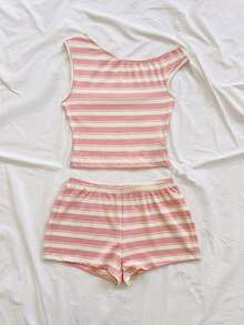 Conjunto de 2 piezas para mujer de vacaciones - Parte superior de punto asimétrica de cuello a rayas rojas y blancas y shorts ajustados de talle ultrabajo, adecuado para fiesta, Navidad, San Valentín, cita, playa, crucero, carnaval, Pascua, Año - Multicolor - Ver 6