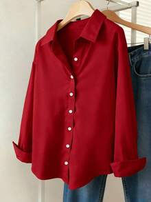 Camisa casual de mujer de un solo pecho de manga larga con hombros caídos y unicolor - Rojo - Ver 1