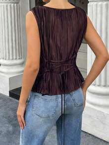 Blusa elegante de tela con pliegues, sin mangas y con cuello ancho, con cinturón en la cintura, para mujer, para primavera/verano - Café integral - Ver 2