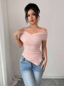 Camiseta de manga corta ajustada y hombros descubiertos para mujer, de estilo casual y apropiada para el día a día, para el verano - Rosa - Ver 5