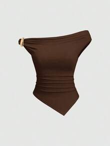 Sweetro Conjunto de 3 piezas de moda europea y americana para mujer en unicolor, con decoración metálica, dobladillo retorcido y dobladillo asimétrico, camiseta casual y versátil para uso diario - Multicolor 3 - Ver 6