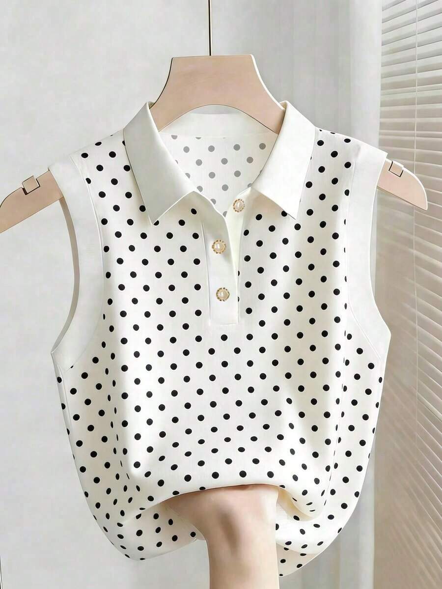 Camiseta de mujer con estampado de lunares y botones en la mitad del escote, adecuada para citas y vacaciones - Multicolor 16 - Ver 1