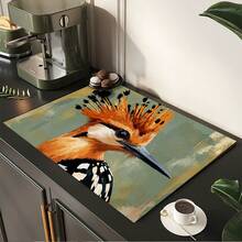 1pc Vintage Bird Print Absorbent Mat/Drying Mat For Coffee Maker, Tableware - Polyester Absorbent Desktop Protective Mat With Rubber Anti-Slip Pad, For Kitchen Counter Decor, Home Bar And Dining Table - Multicolor - View 2