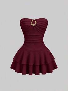 Vestido mini elegante sin tirantes de doble capa para mujer - Burdeos - Ver 1