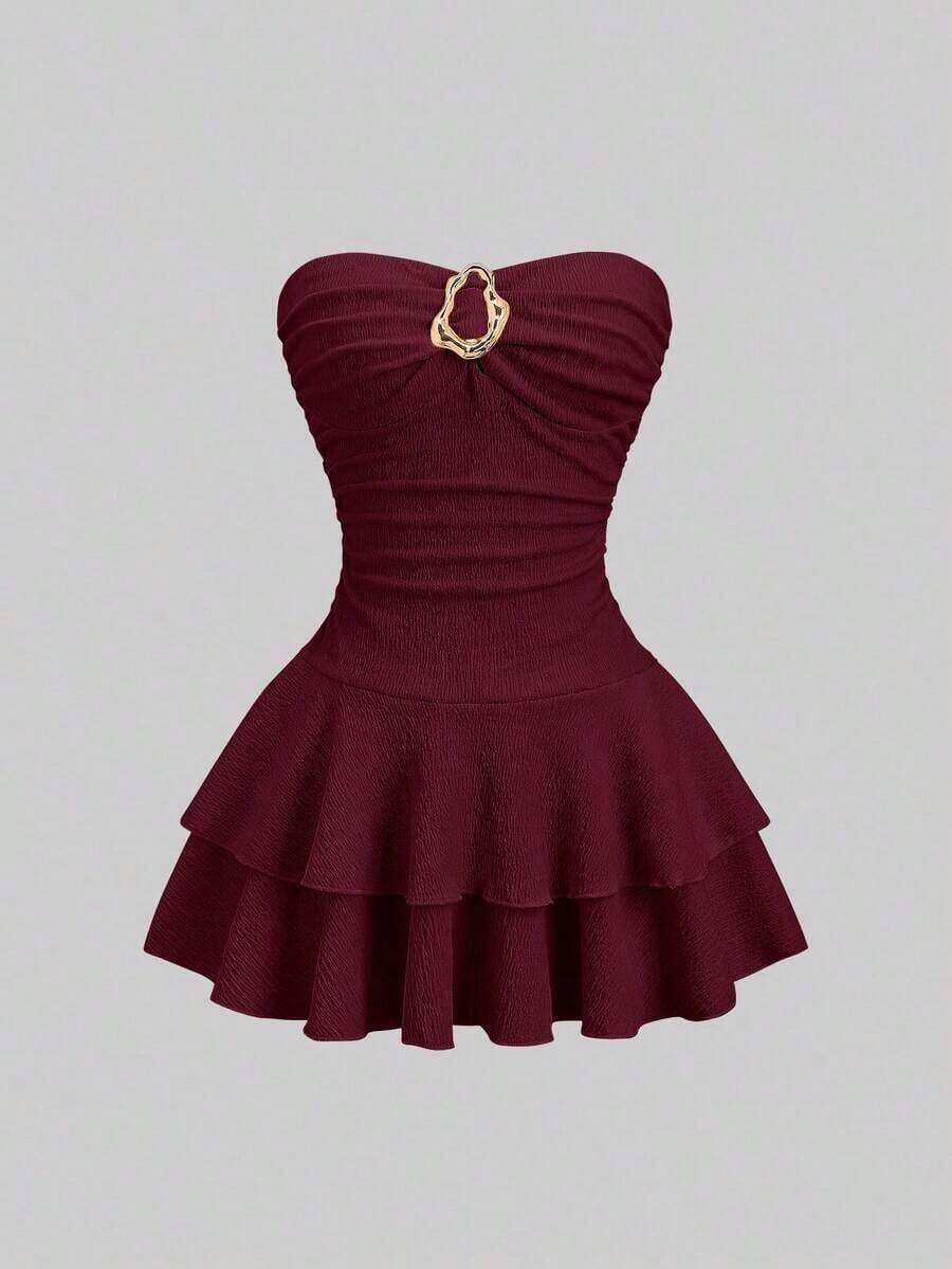 Vestido mini elegante sin tirantes de doble capa para mujer - Burdeos - Ver 1