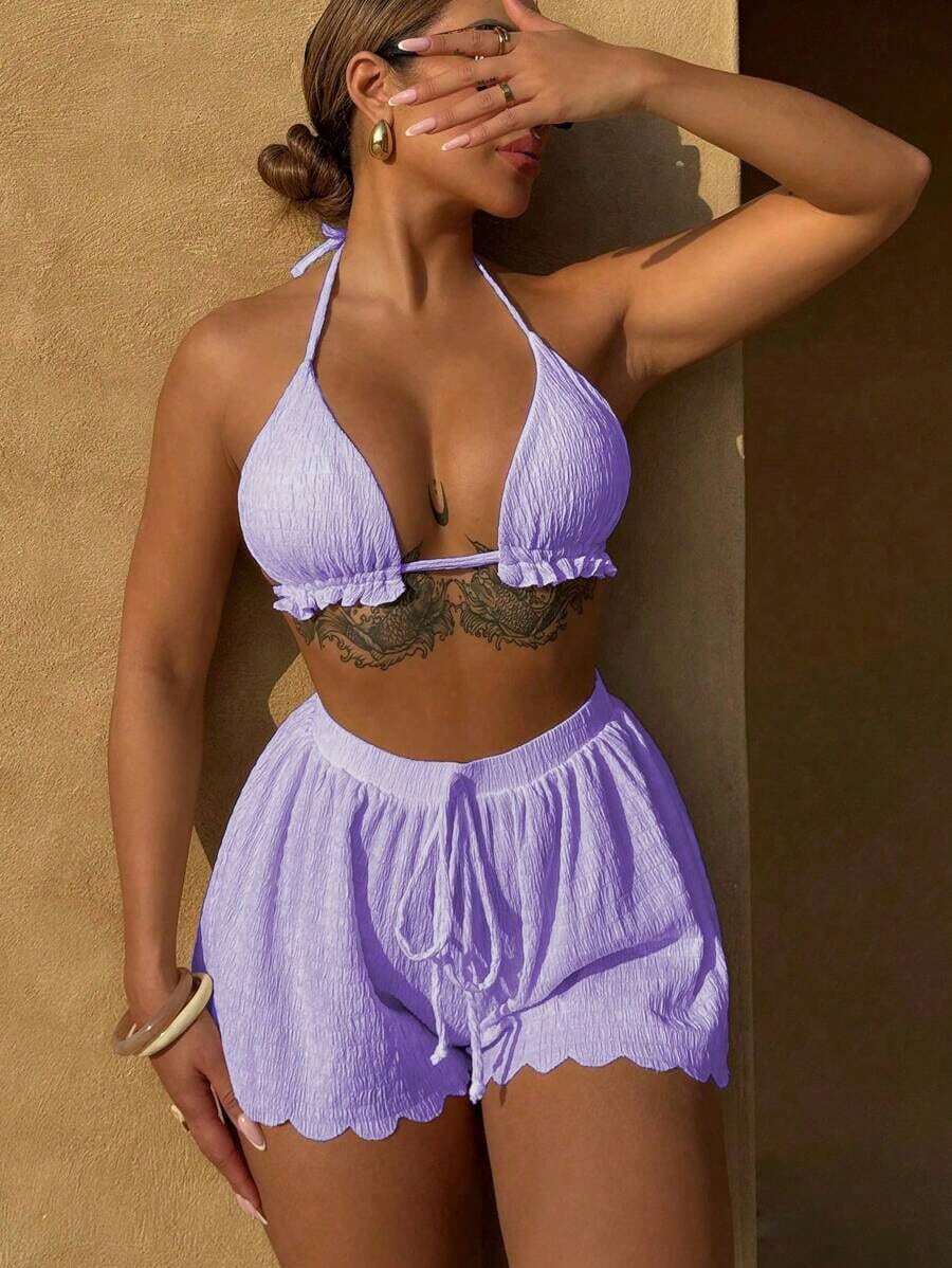 Conjunto de bikini de 3 piezas con parte superior de atar al cuello, estampado de lunares y shorts, con volantes, para mujer, para playa de verano - Morado - Ver 1