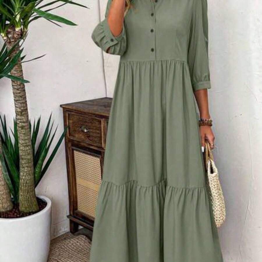 Women Solid Color Casual Short Sleeve Dress Maxi Women Outfit - Verde - Ver 1