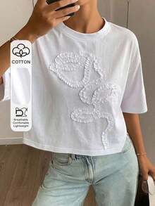 Blusa casual de verano para mujer con cuello redondo, manga corta suelta y 3D plisada con flor - Blanco 8 - Ver 1