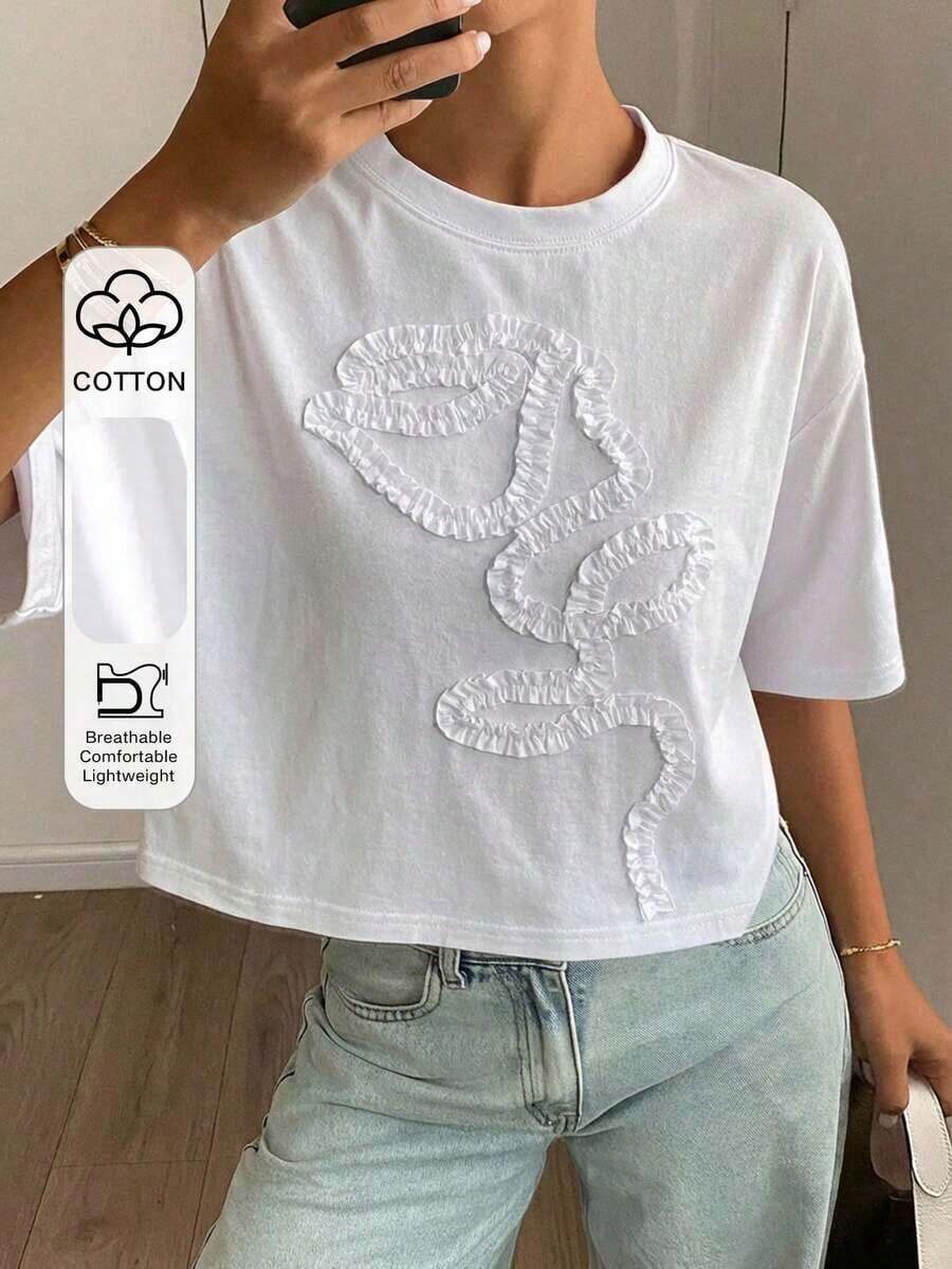 Blusa casual de verano para mujer con cuello redondo, manga corta suelta y 3D plisada con flor - Blanco 8 - Ver 1