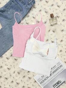 Paquete de 2 tops de camiseta acanalada con sujetador acolchado incorporado - Rosa y Negro/Lunares blancos, tops versátiles casuales para verano y uso en todas las estaciones, estilos suaves y limpios para chica, perfectos para el hogar, la escuela - Negro 6 - Ver 5