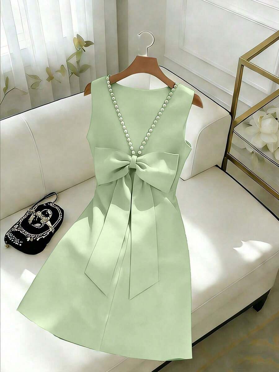 Vestido sin mangas con lazo decorativo con cuentas y espalda descubierta para mujer en color rojo - verde menta - Ver 1