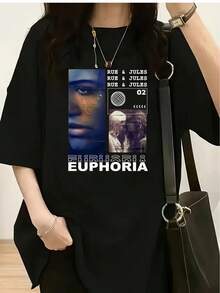 Camiseta gráfica de la serie de TV Euphoria - Camiseta casual de manga corta con cuello redondo para mujer, a la moda, de suave mezcla de poliéster, corte holgado, imprescindible para TODOS los entusiastas de la moda. Camiseta holgada, casual y versátil. - Negro - Ver 1