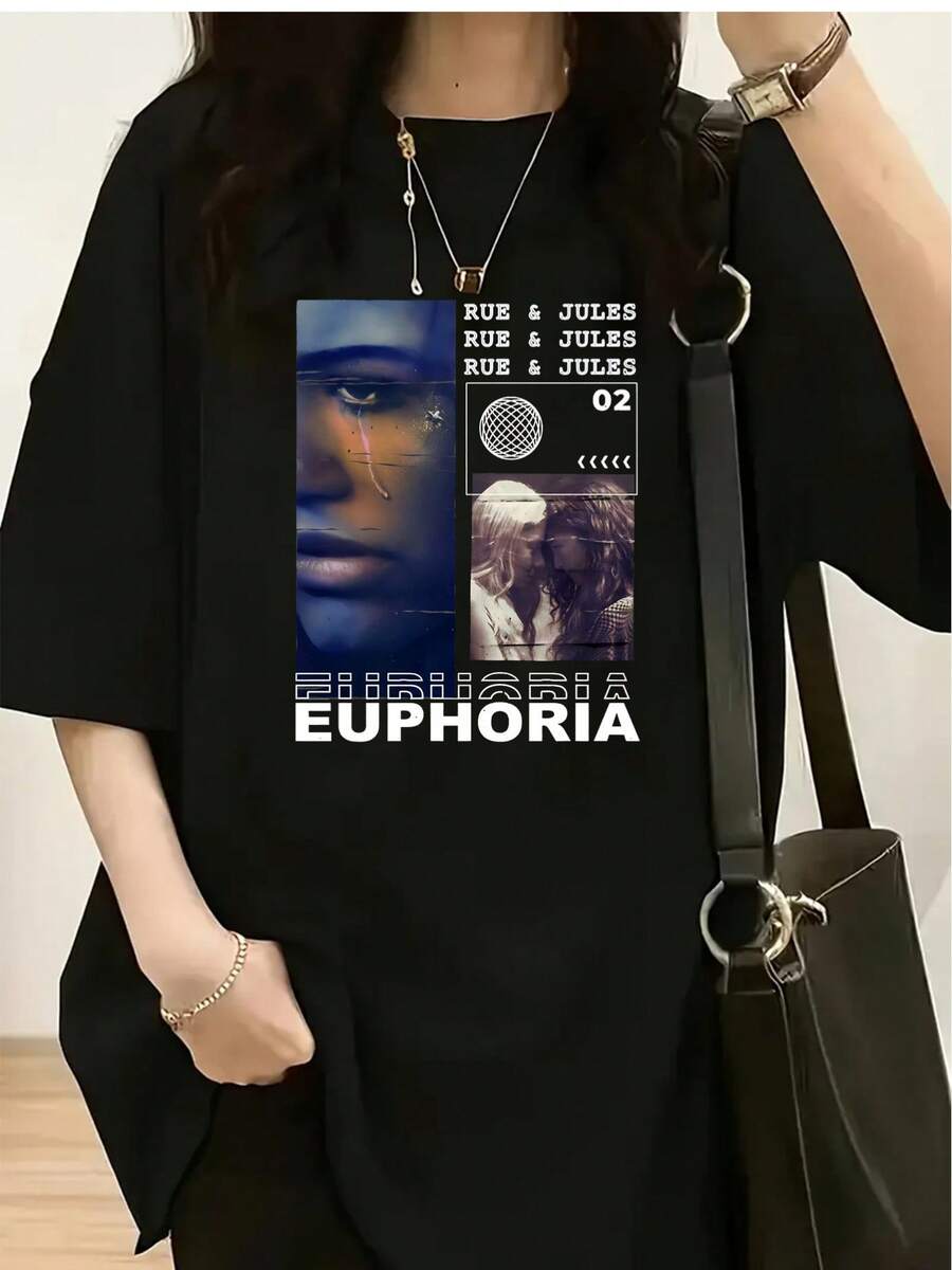 Camiseta gráfica de la serie de TV Euphoria - Camiseta casual de manga corta con cuello redondo para mujer, a la moda, de suave mezcla de poliéster, corte holgado, imprescindible para TODOS los entusiastas de la moda. Camiseta holgada, casual y versátil. - Negro - Ver 1