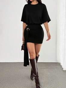 Vestido camiseta con detalle de anillo de drapeado, falda ajustada, hombros cuadrados, corte holgado, estilo casual, elegante y sexy para salir, otoño, primavera y verano, color toffee, ideal para Navidad y Acción de Gracias, con estilo chic - Negro - Ver 5